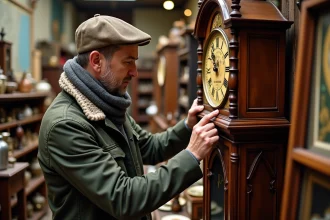 Homme d'âge moyen examinant une horloge comtoise ancienne dans une brocante