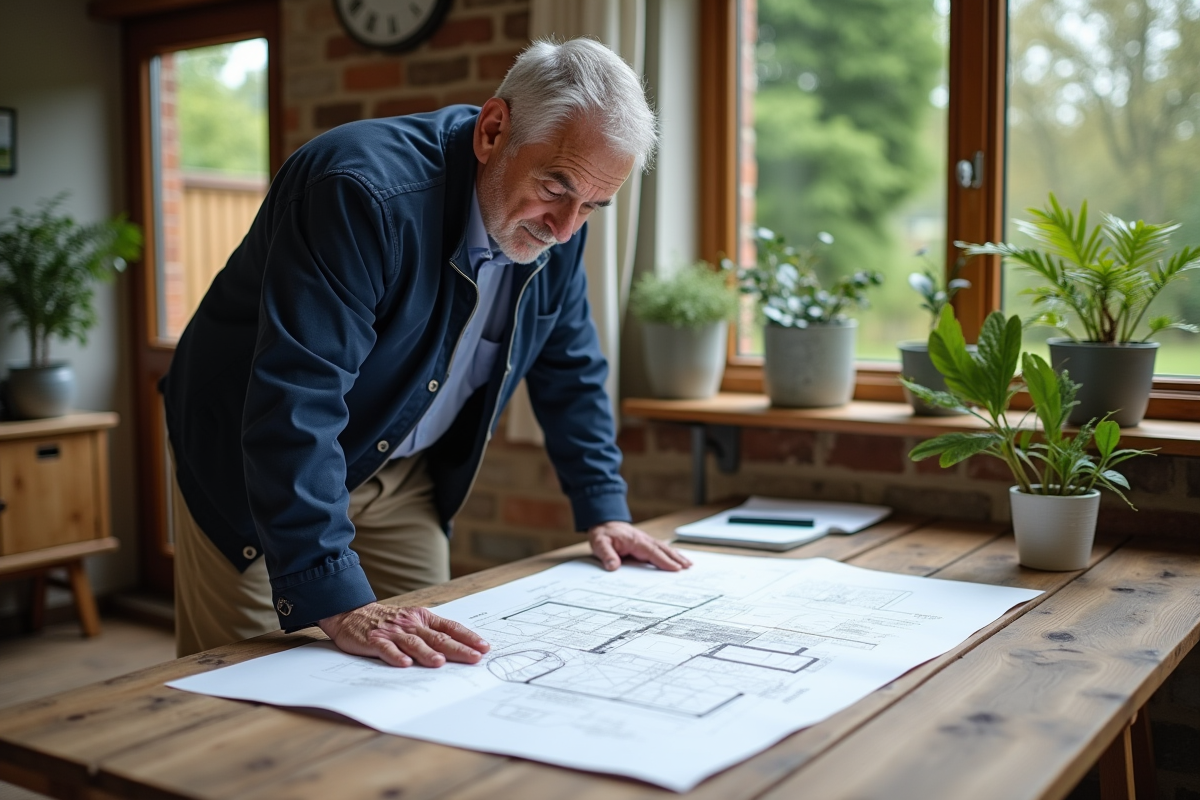 Homme examinant des plans dans une véranda lumineuse