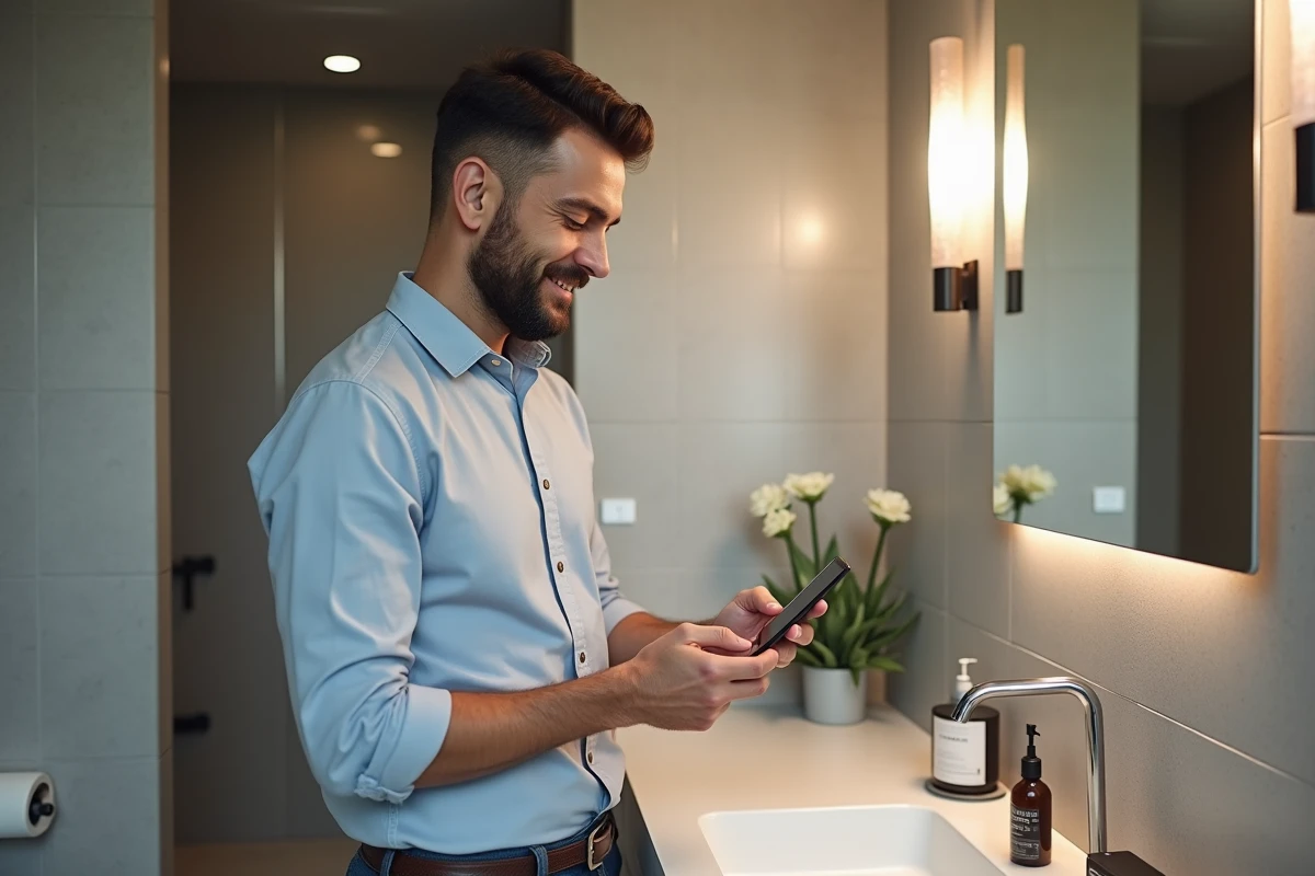 Homme dans la salle de bain utilise une appli de design