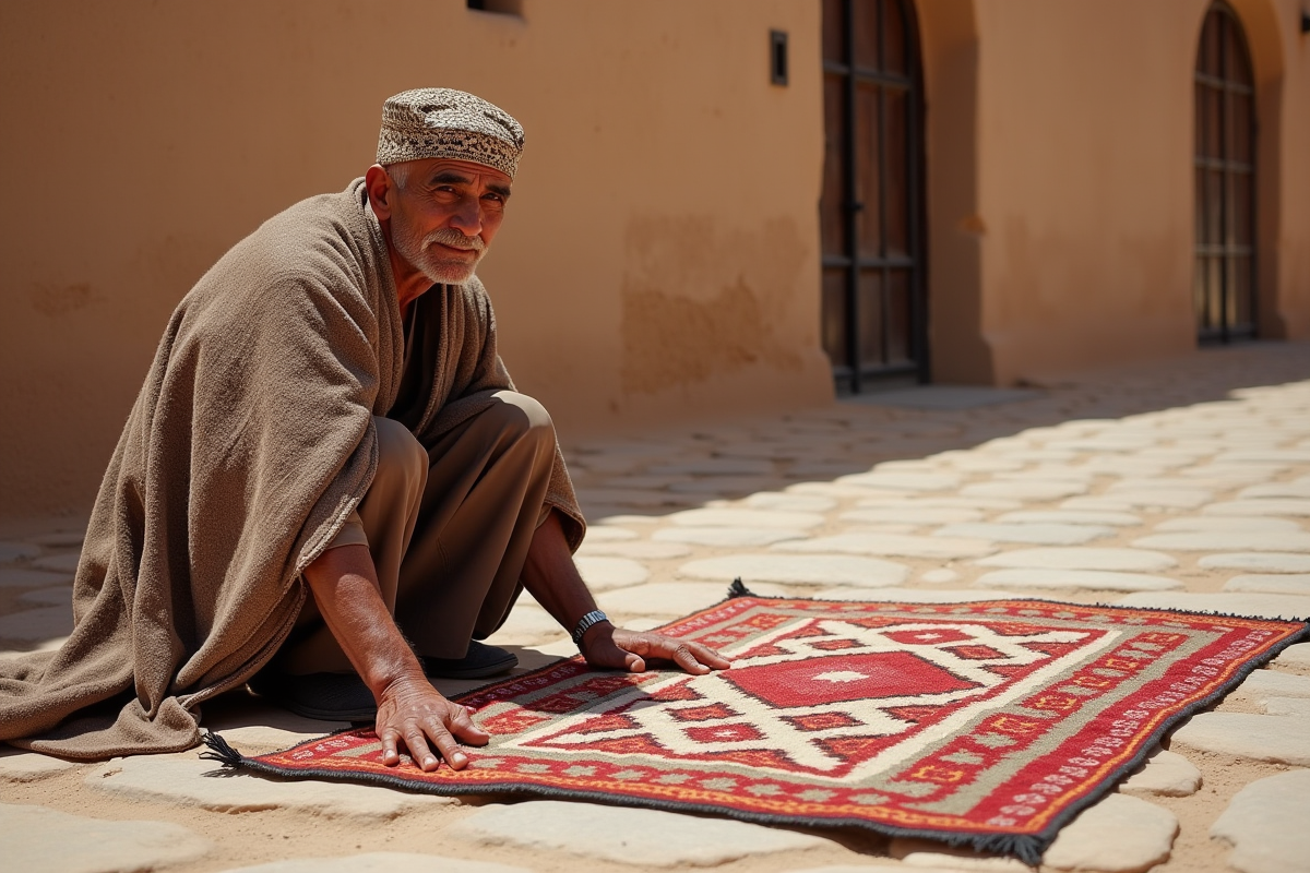 Homme berbere montre un tapis dans une rue rurale