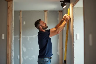 Homme bricolage mesurant du placo pour éclairage sans rails