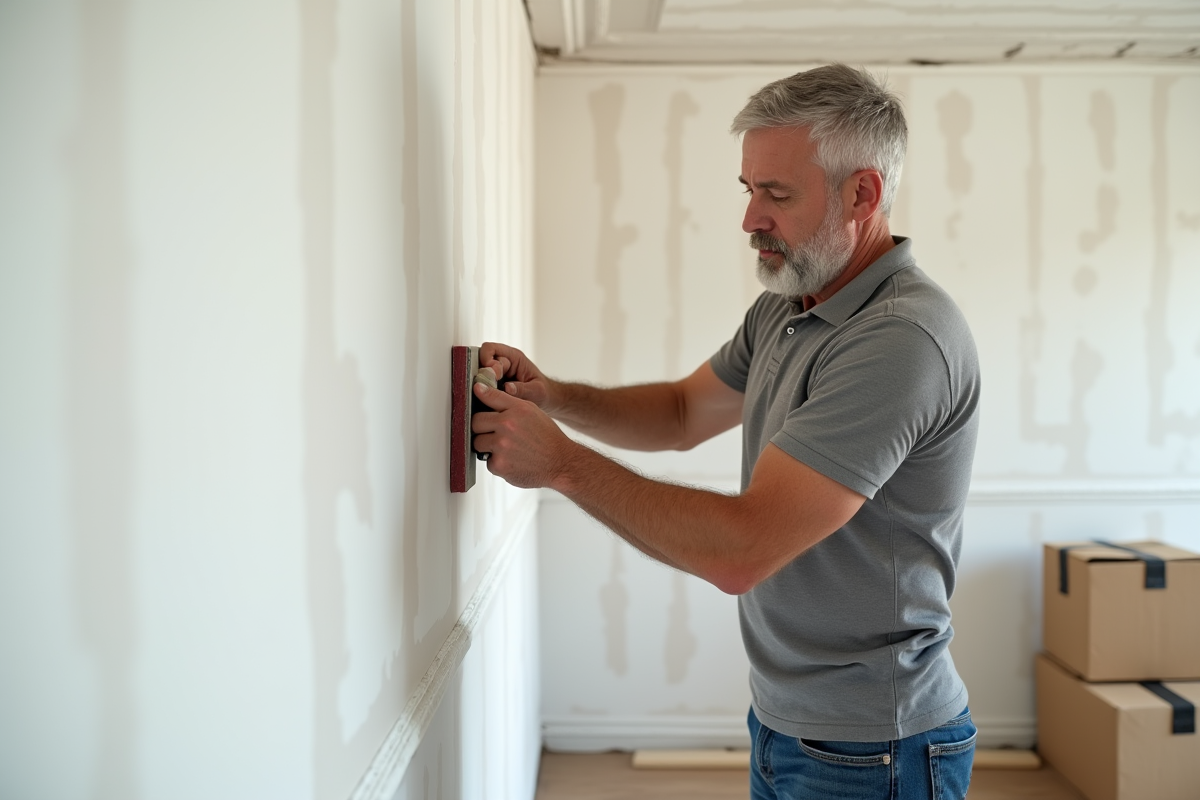 Homme bricolage ponçant un mur intérieur en rénovation