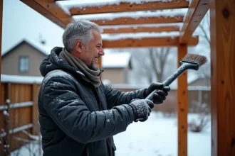 Homme d'âge moyen nettoyant une pergola en bois enneigée