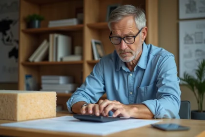 Homme d'&acirc;ge moyen utilisant une calculatrice avec isolation en fibre de bois