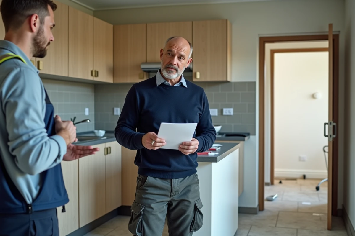 Homme en chantier de rénovation avec devis et outils