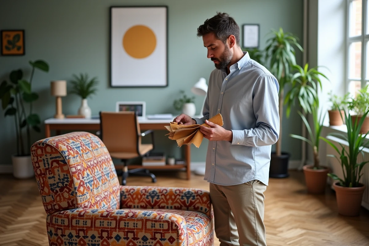 Homme examinant des &eacute;chantillons de tissus pour housse de fauteuil