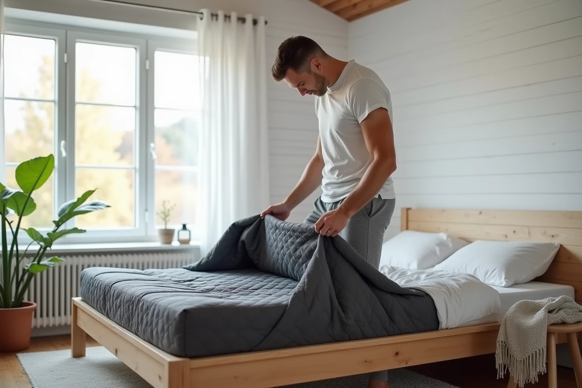 Homme dépliant un futon matelas pliable gris anthracite avec mousse mémoire visible dans une chambre de style scandinave épuré