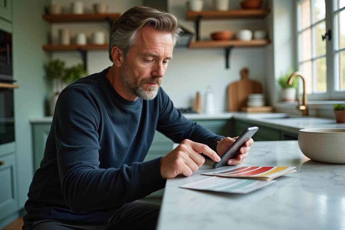 Homme comparant des échantillons de peinture avec une application de décoration sur smartphone dans une cuisine moderne aux tons verts sauge