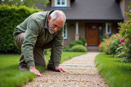 Homme d'âge moyen inspectant gravier pour jardin