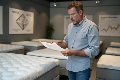 Homme examinant une &eacute;tiquette de matelas dans un showroom