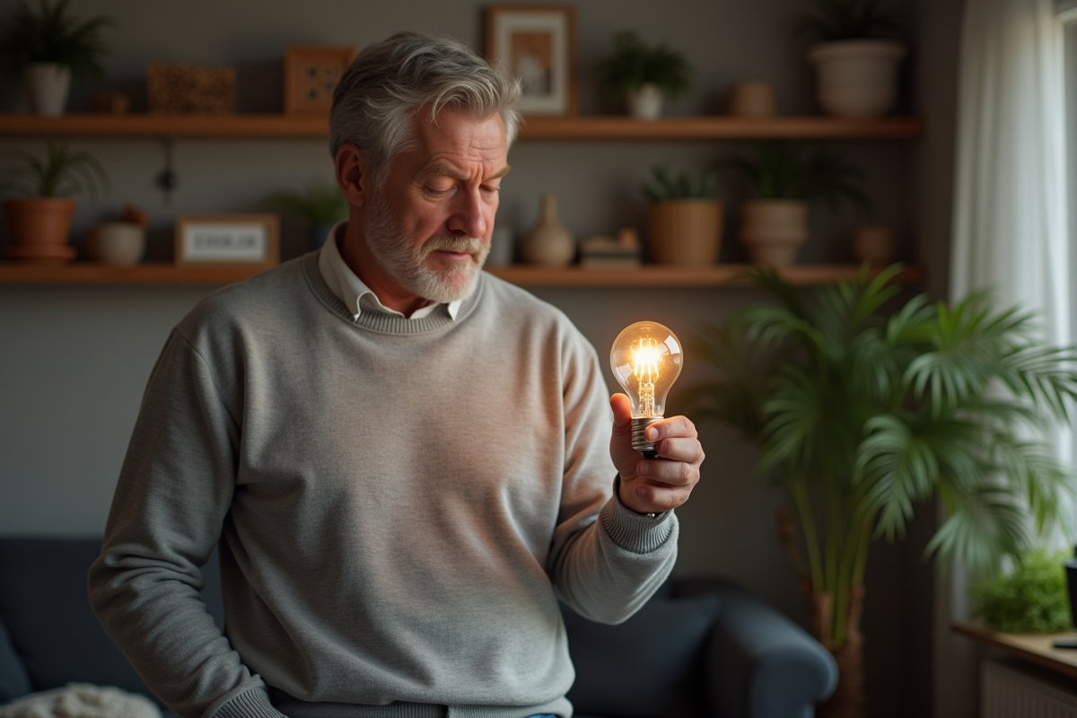 Homme dans la quarantaine examinant une ampoule dans une pièce chaleureuse