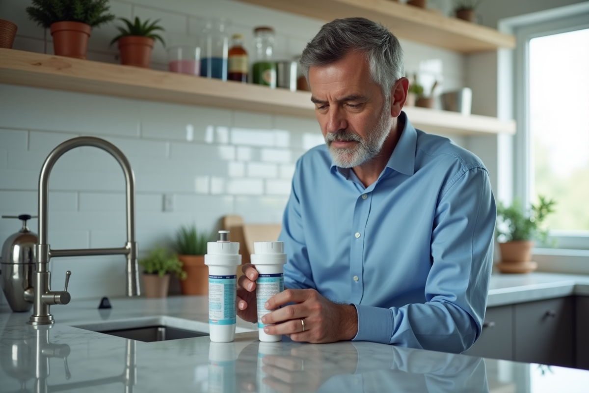 Homme d'âge moyen compare deux filtres à eau dans la cuisine