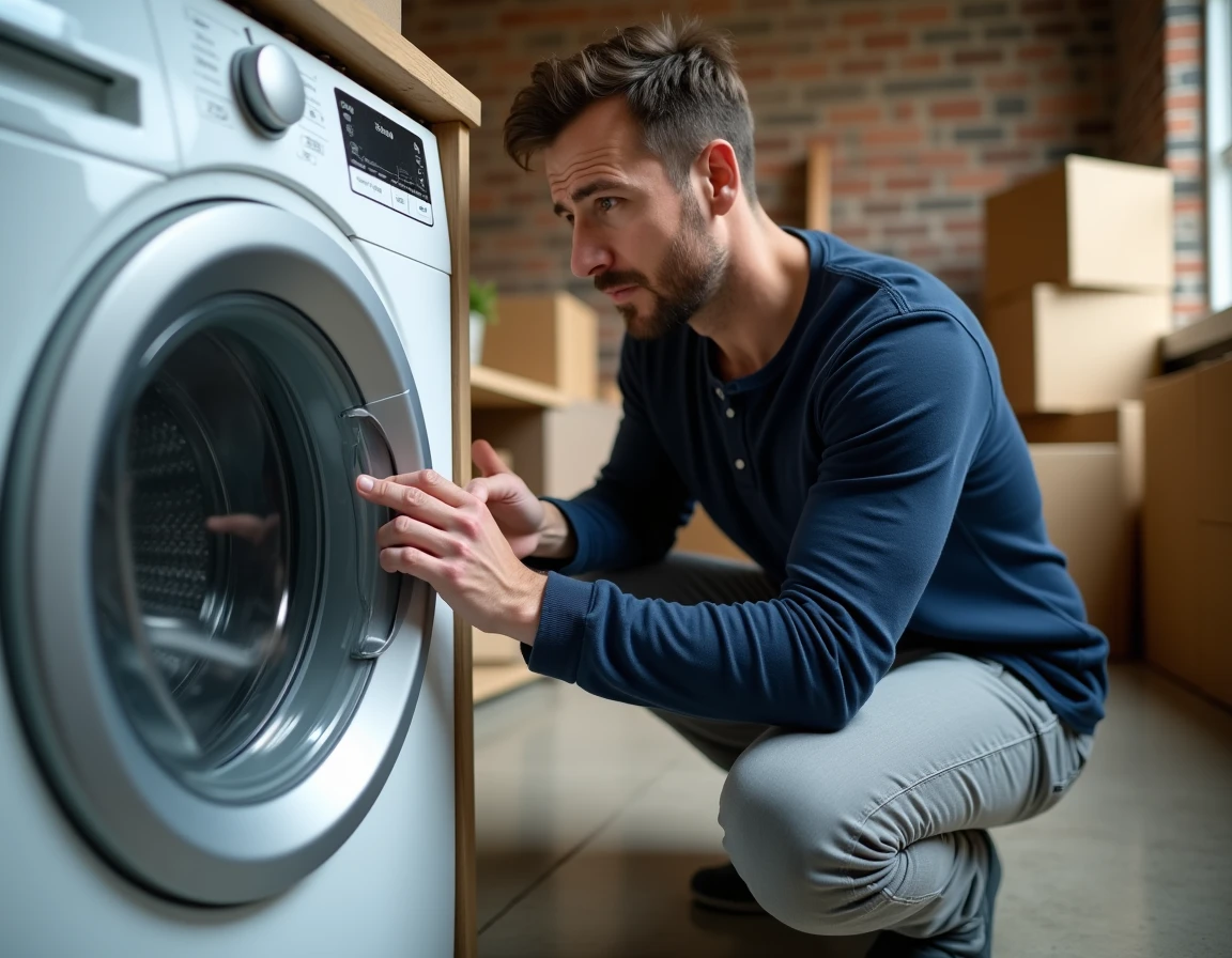 Homme inspectant un lave-linge défectueux avec tiroir à lessive cassé dans une buanderie