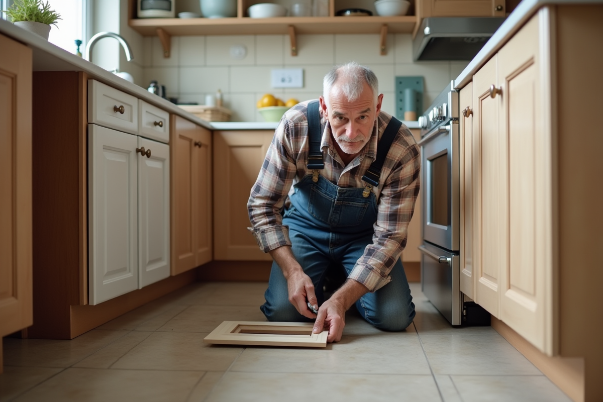 Homme d age en overalls posant une porte de cuisine