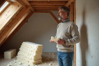 Homme moyenâgeux tenant de la laine minérale près d’un mur en rénovation