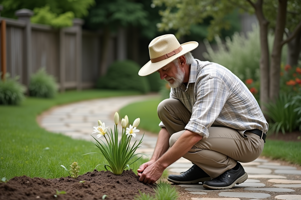 Homme âgé plantant un jeune lys dans un jardin rustique