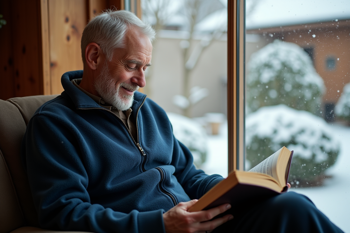Homme d age lisant un livre dans une maison enneigee