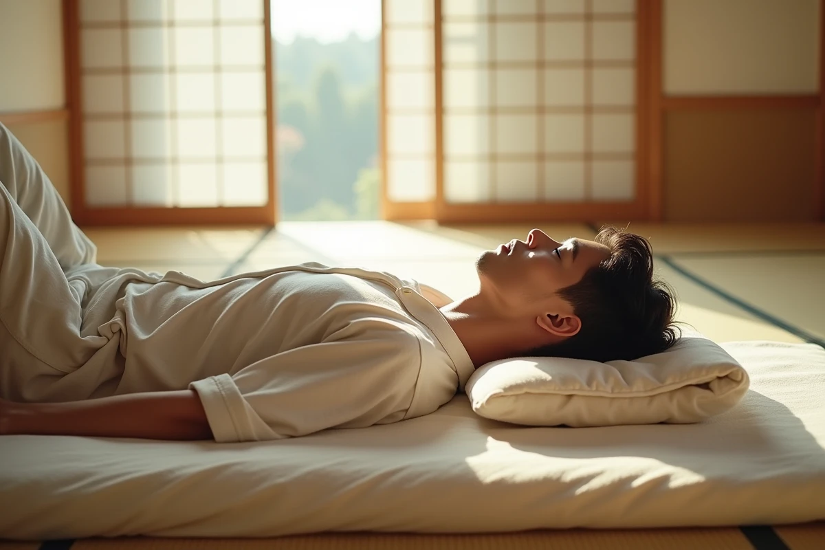 Homme relaxe sur matelas japonais dans une chambre tatami