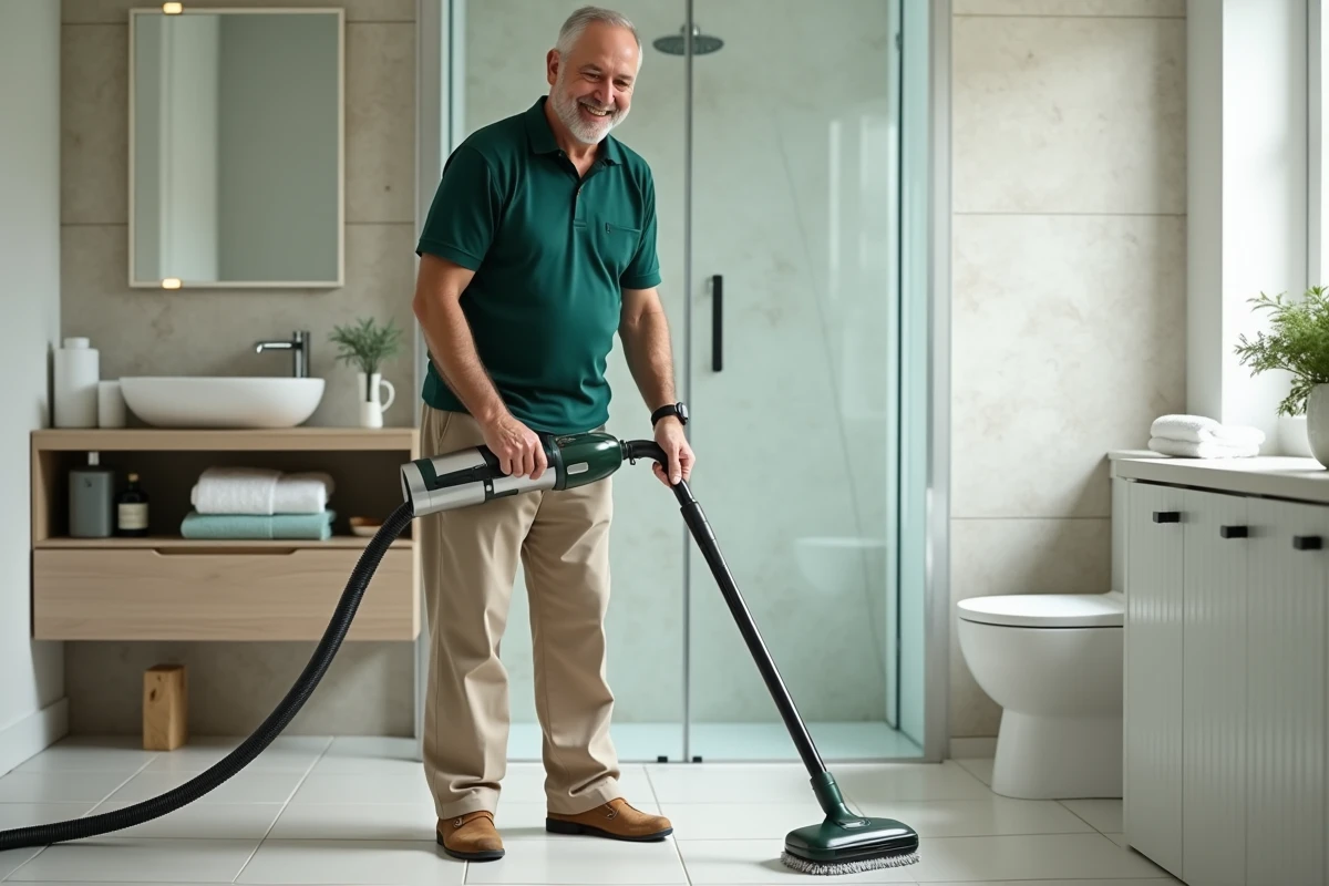 Homme nettoyant le sol de la salle de bain avec un nettoyeur vapeur