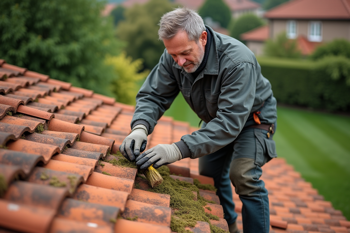Homme en tenue de travail nettoyant des tuiles de toit