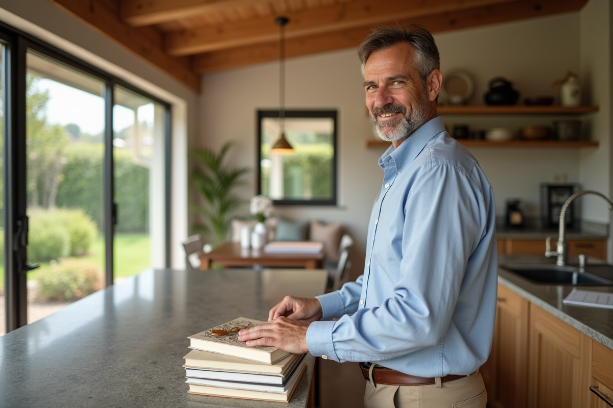 Homme arrangeant des livres dans une cuisine lumineuse