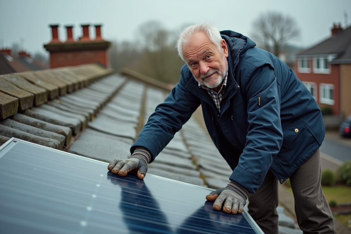 Homme vérifiant un panneau solaire sur un toit résidentiel