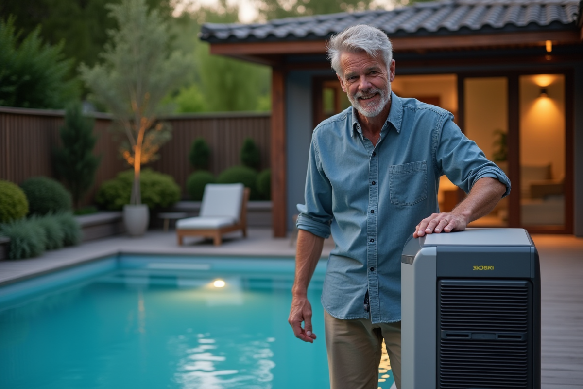 Homme d'âge moyen près d'une piscine moderne en soirée