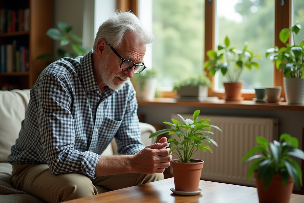 Homme âgé inspectant une plante dans un salon lumineux et cosy