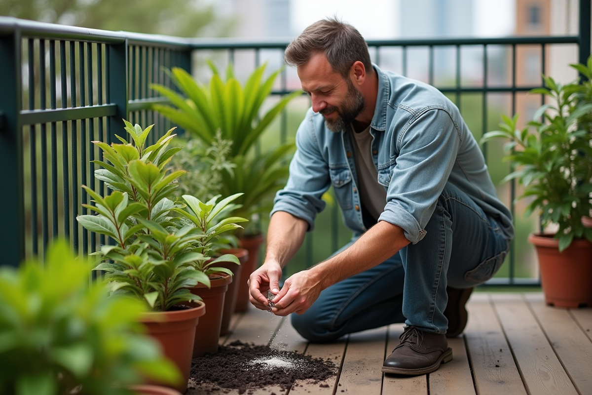 Homme saupoudrant de la terre diatomée sur des plantes en pot