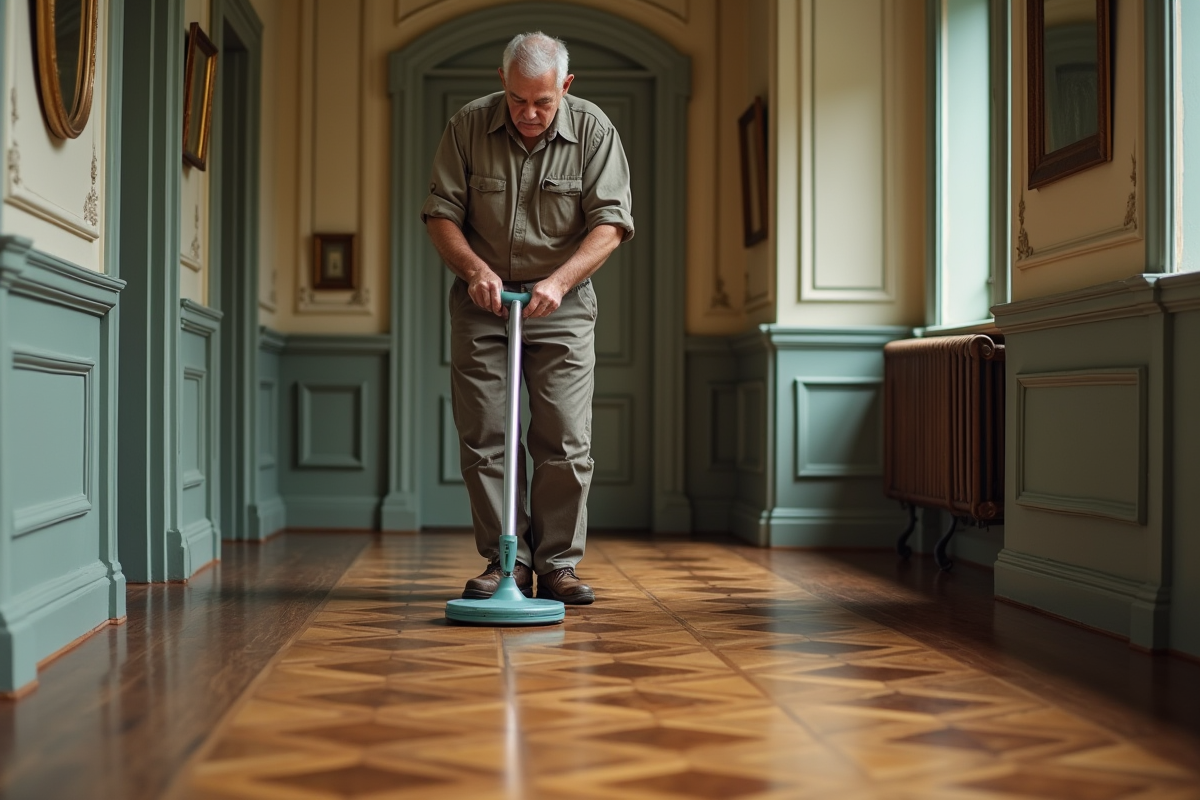 Homme utilisant un polisseur sur un vieux parquet