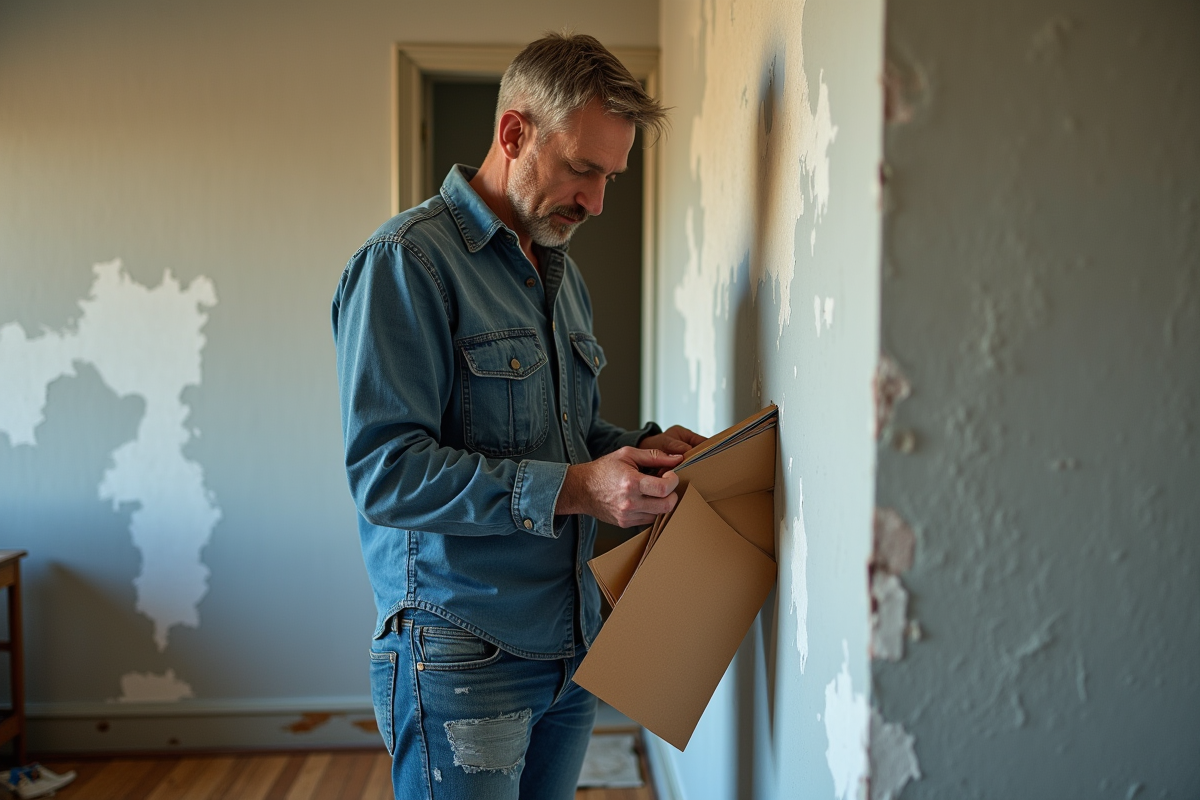 Homme d'âge moyen examinant du papier de verre dans une maison