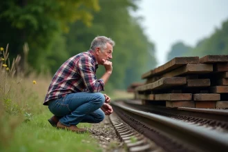 Homme d'âge moyen examinant des traverses de chemin de fer anciennes
