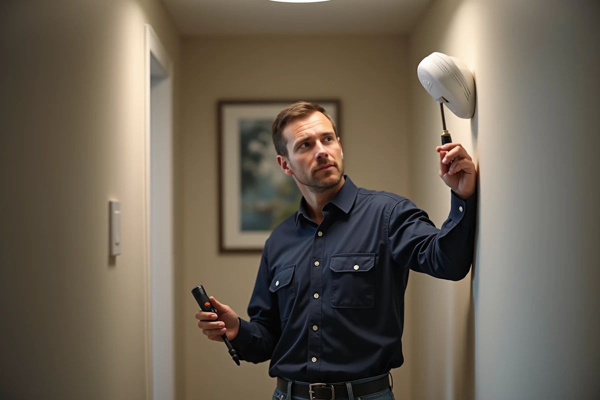 Homme remplaçant un détecteur de fumée dans le couloir d'un appartement