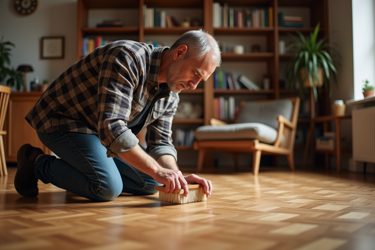 Homme appliquant du vernis sur un parquet en bois dans un salon chaleureux