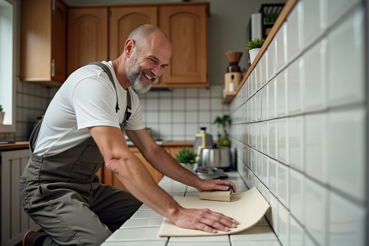Homme en tenue de travail posant du fiberglas dans la cuisine