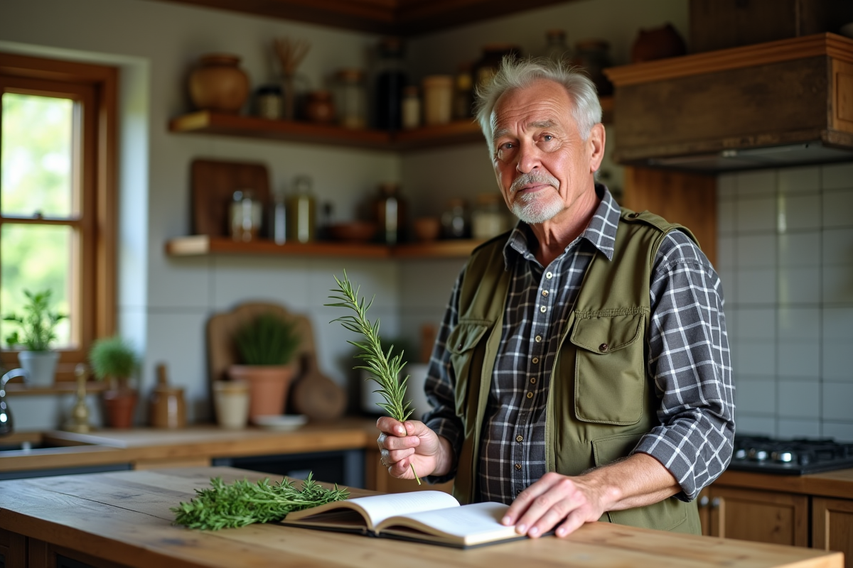 Homme âgé dans la cuisine tenant une branche de romarin