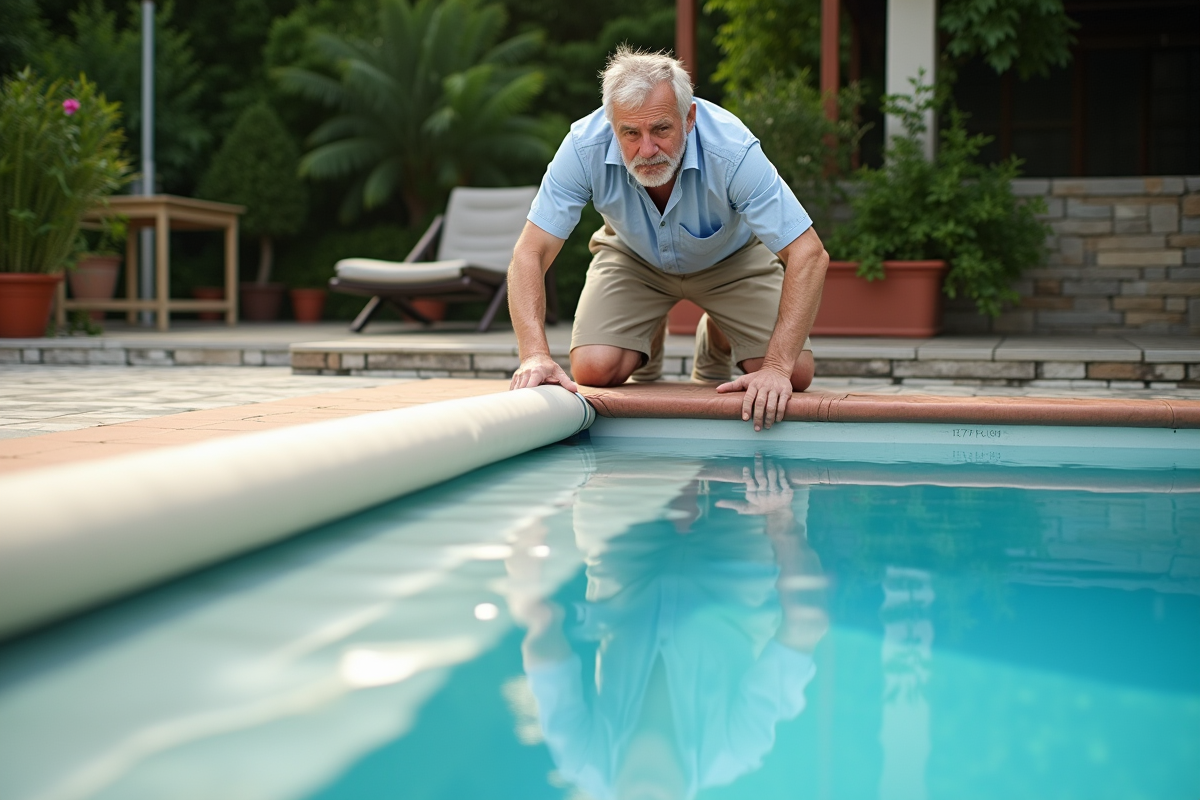 Homme d'âge moyen en été manipulant une couverture de piscine