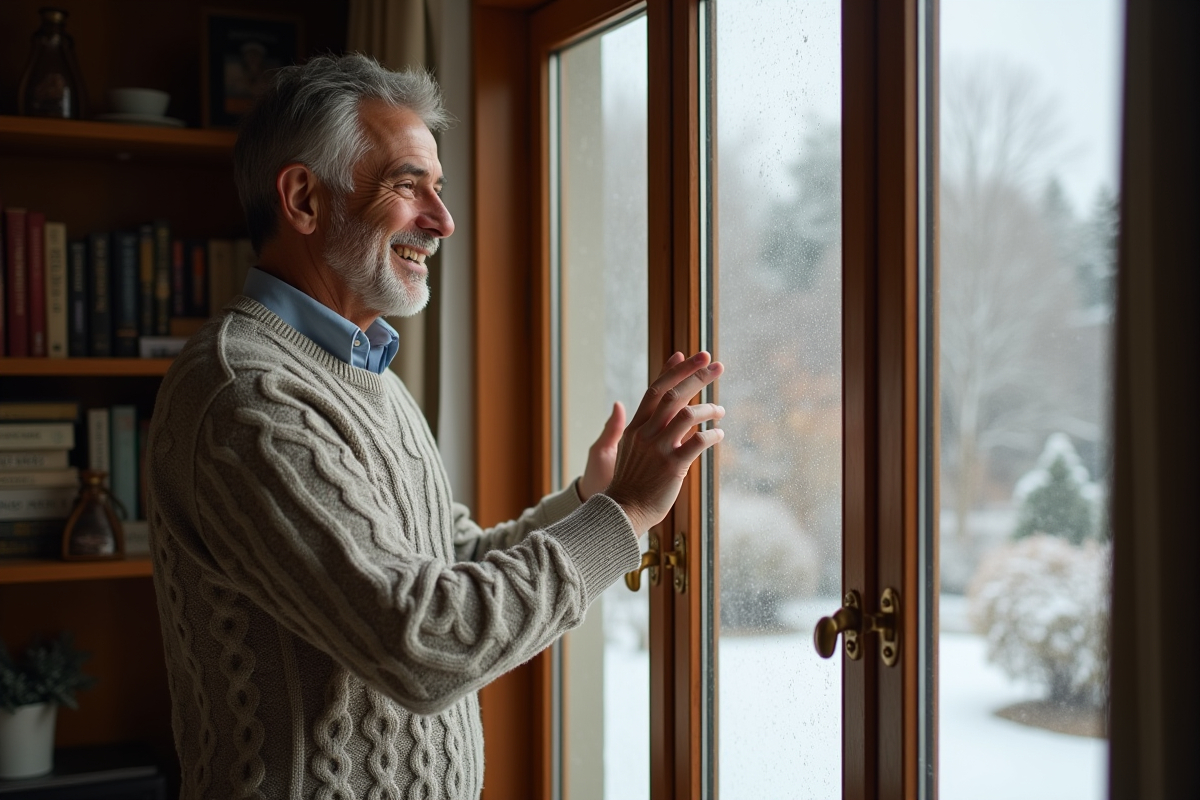 Homme d'âge moyen dans un salon chaleureux près d'une fenêtre hivernale
