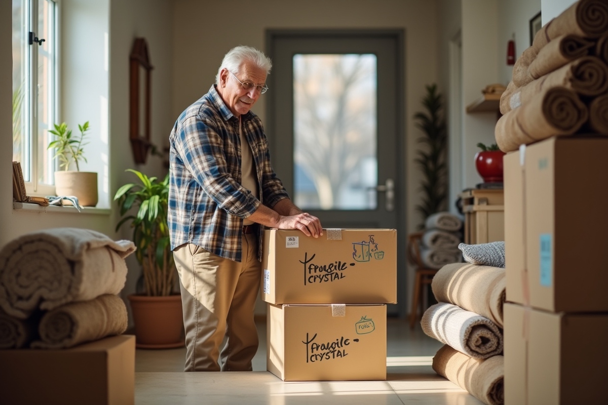 Homme âgé scellant une boîte fragile dans un couloir organisé
