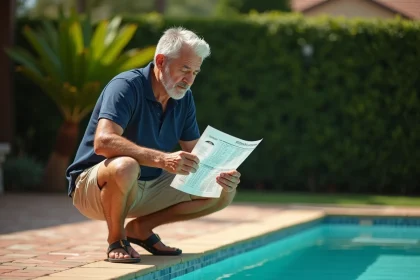 Homme adulte consultant un tableau de dosage chlore piscine au bord d'une piscine extérieure en été