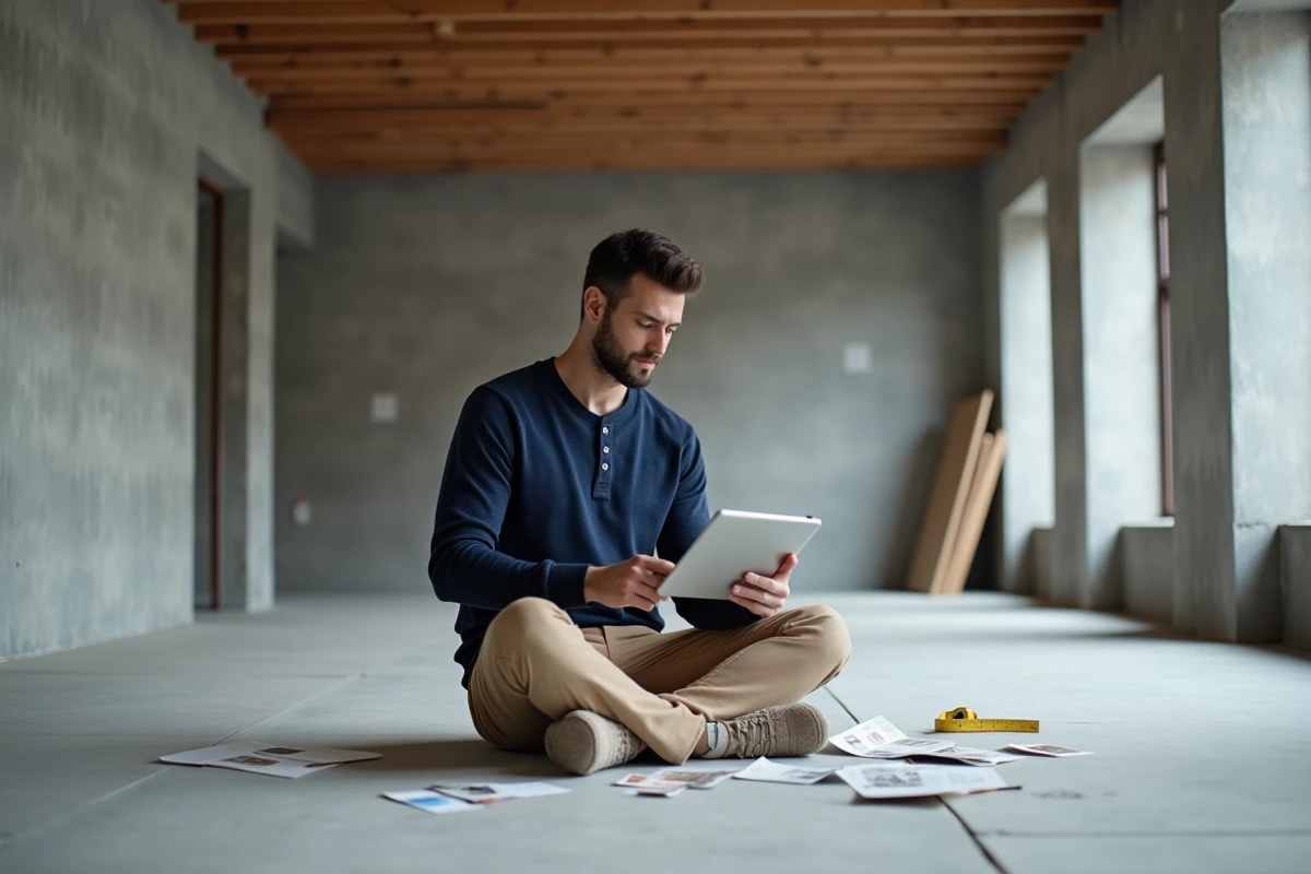 Homme consultant une application de planification de meubles sur tablette dans un appartement vide en cours de rénovation