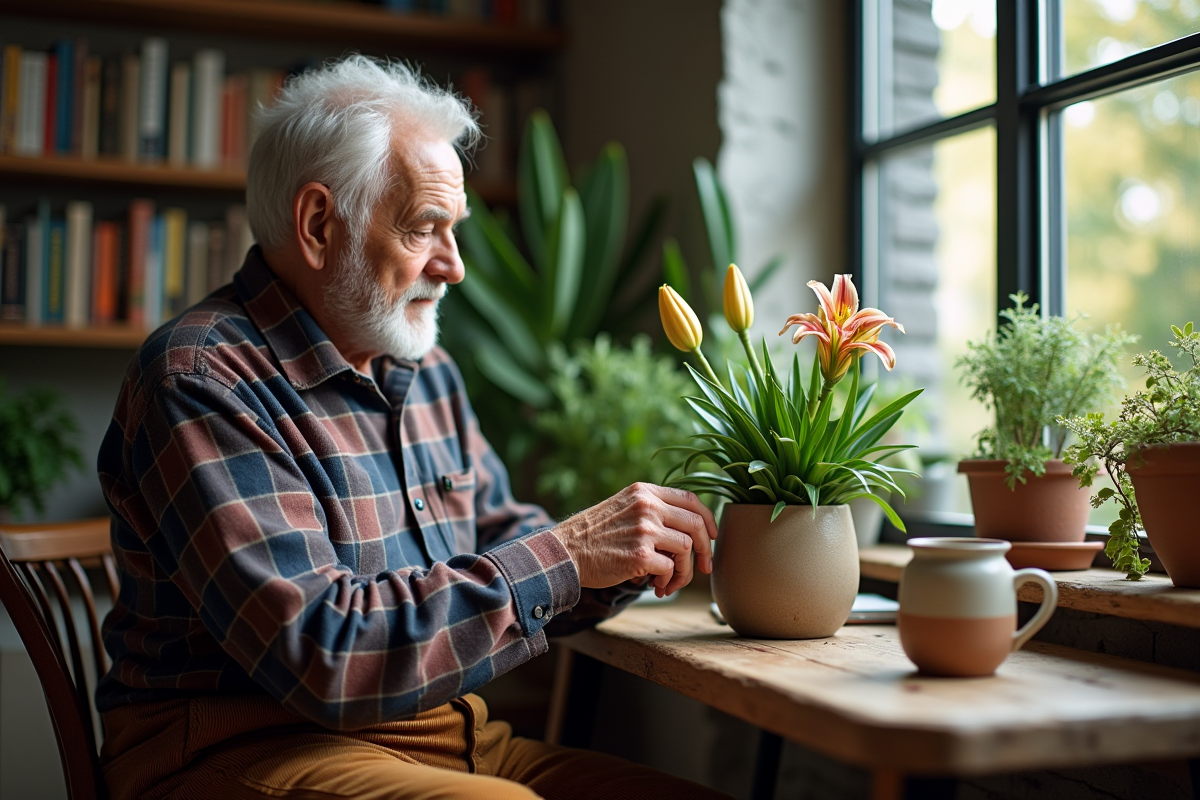 Homme âgé taillant une lys dans une maison chaleureuse