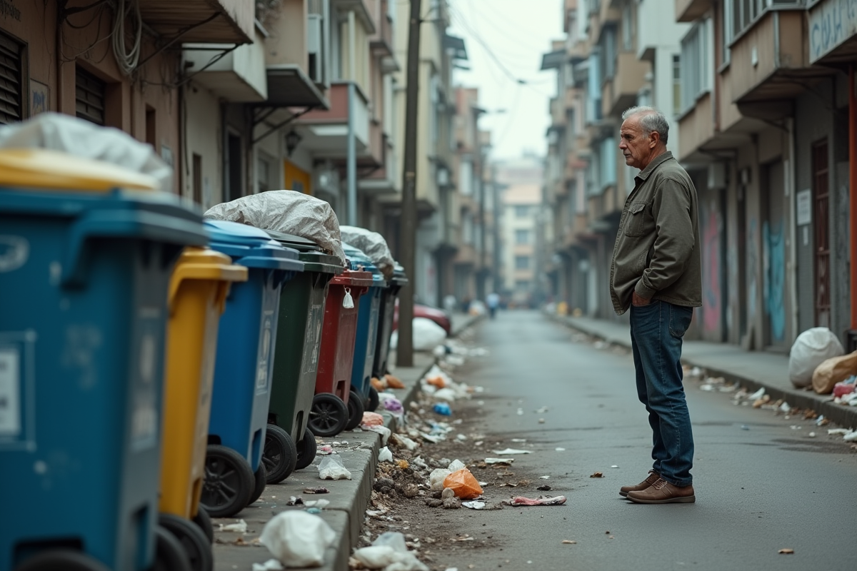 Homme d'âge moyen dans la rue urbaine en délabrement
