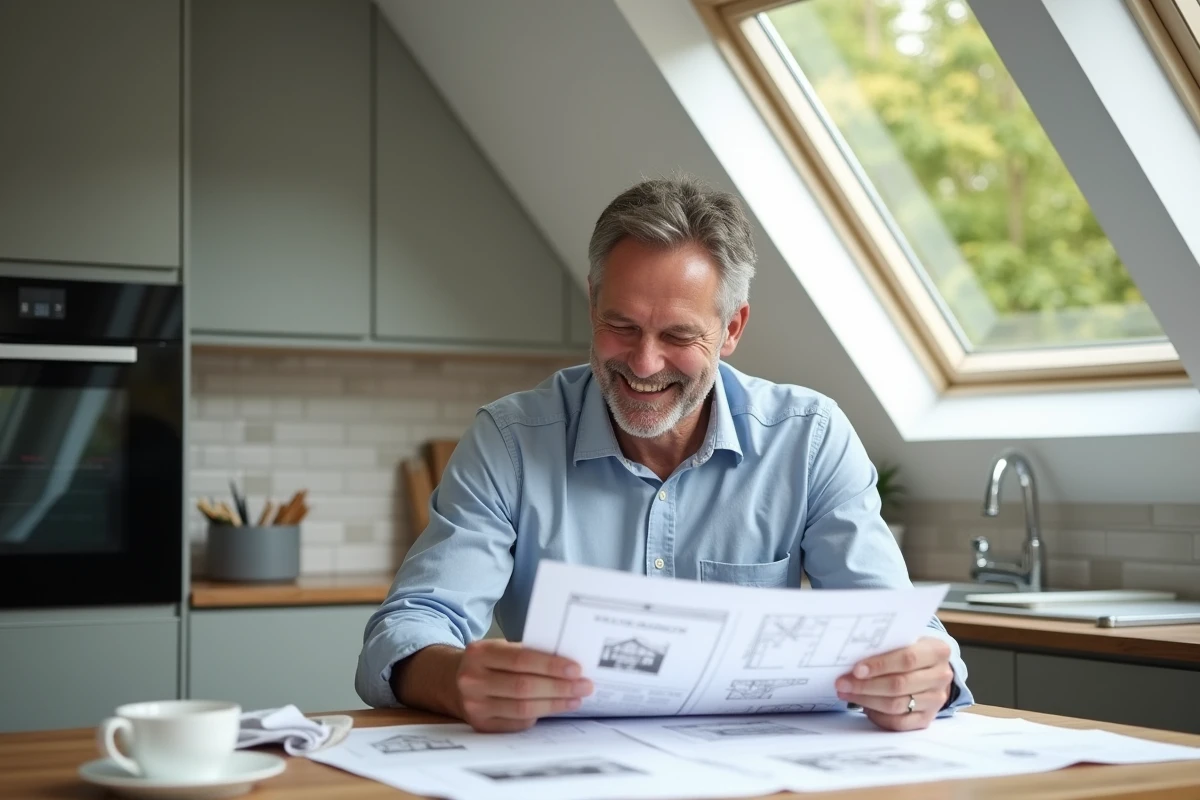 Homme d age moyen regardant plans et fiches de taille Velux dans la cuisine