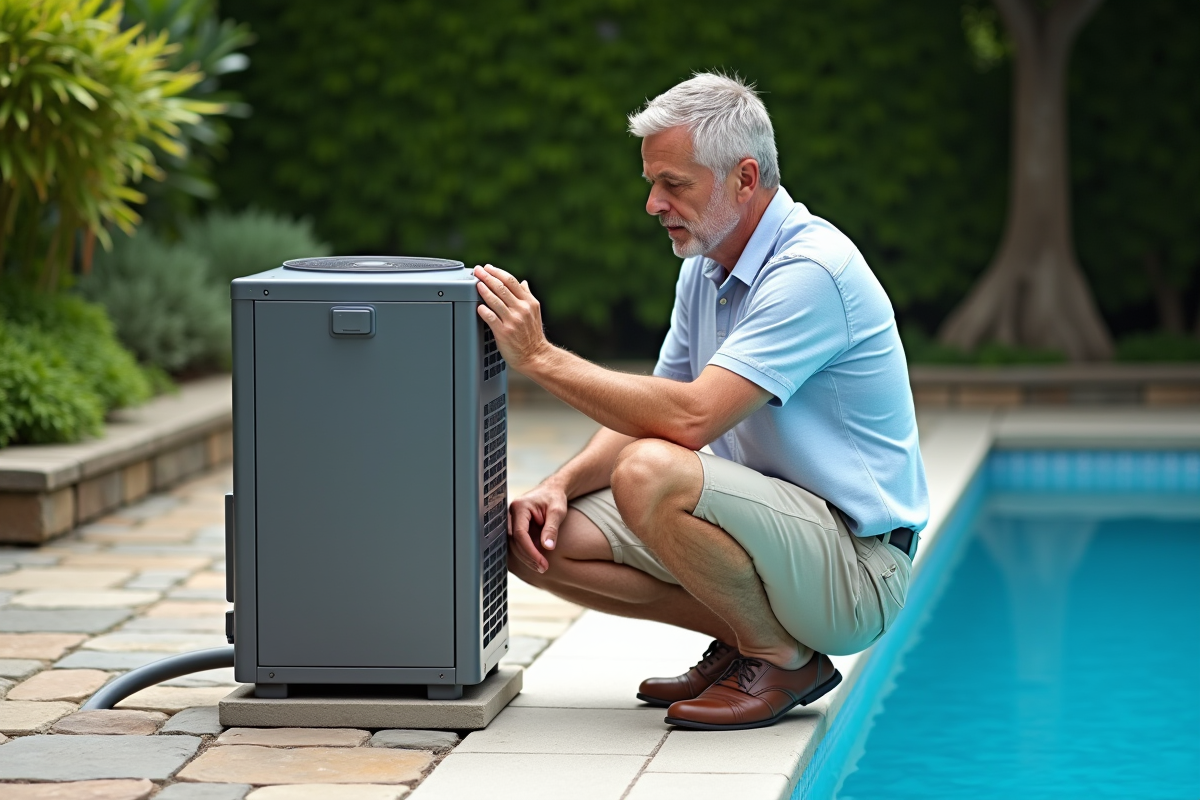 Homme vérifiant une pompe à chaleur de piscine extérieure