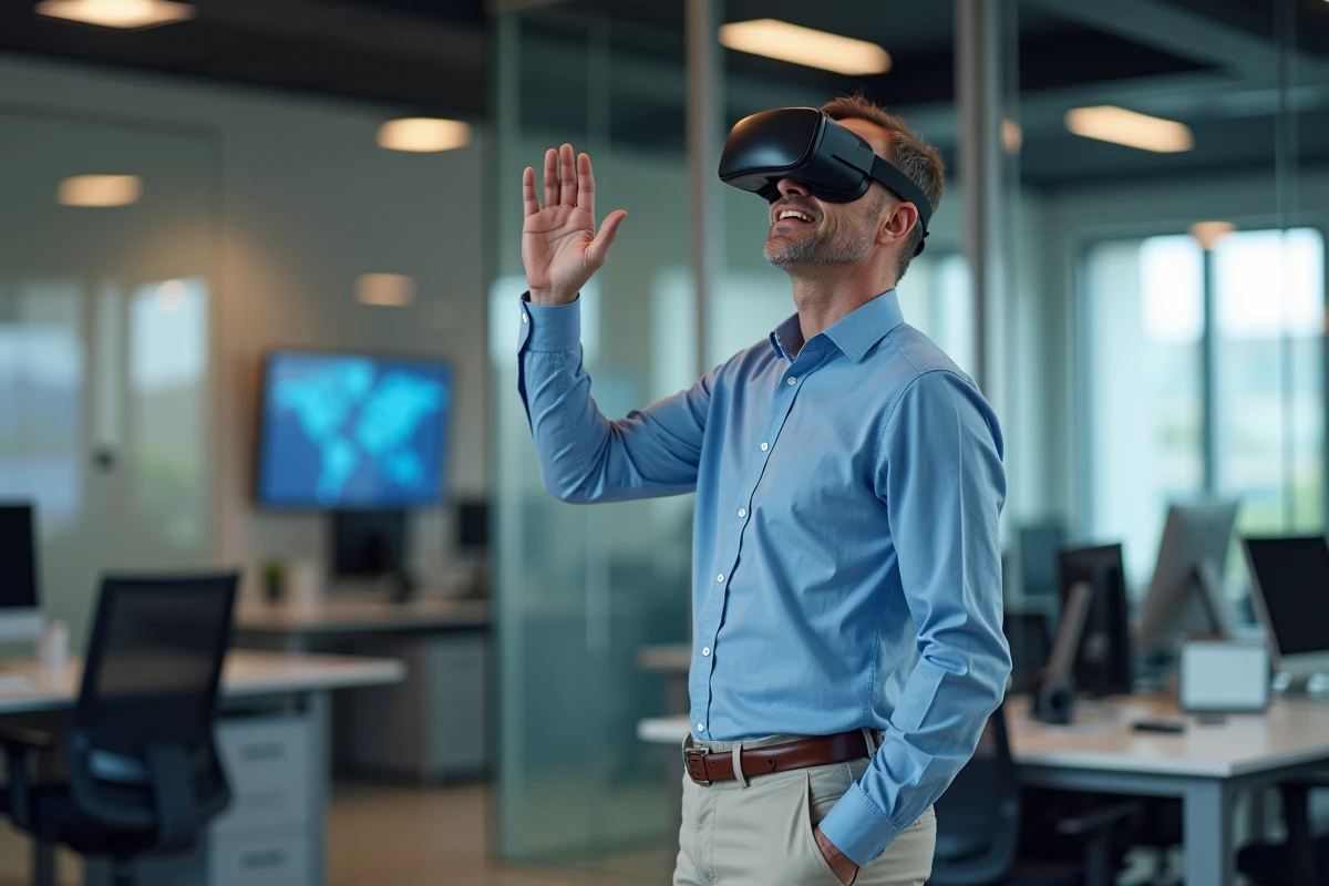 Homme avec casque VR dans un bureau moderne