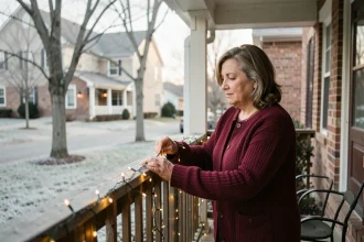 Femme arrangeant des guirlandes LED sur sa véranda en respectant le voisinage à Noël