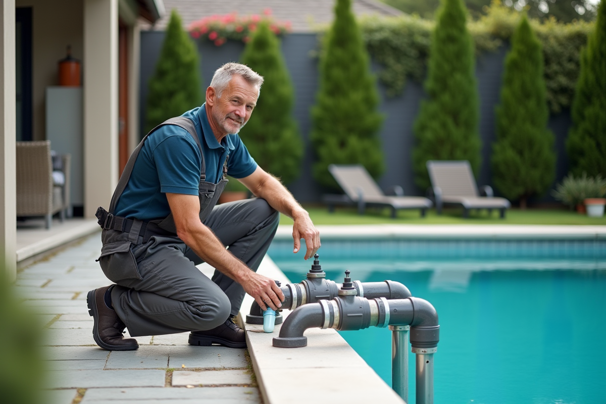 Homme moyenâgeux examine des tuyaux isolés près d'une piscine