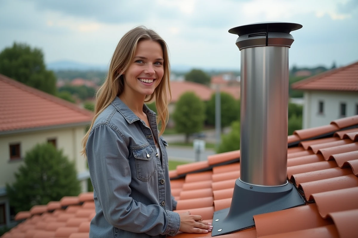 Jeune femme inspectant un conduit de cheminée moderne sur le toit