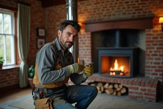 Installateur de cheminée en travail robuste dans une pièce en briques